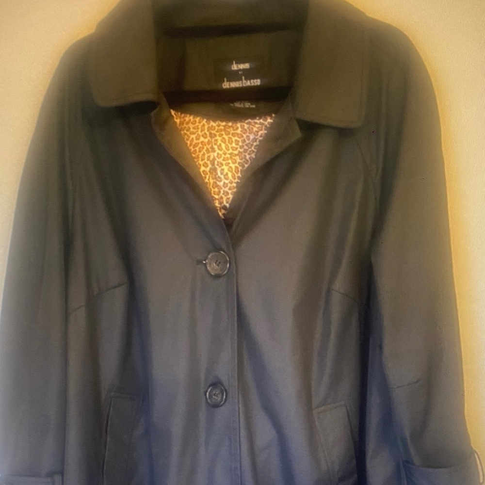 Dennis By Dennis Basso Women’s Long Black Coat 1X Leopard Print Lining Buttons